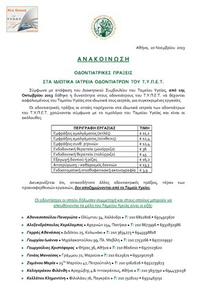 Οδοντιατρικές πράξεις στα ιδιωτικά Ιατρεία οδοντιάτρων του Τ.Υ.Π.Ε.Τ